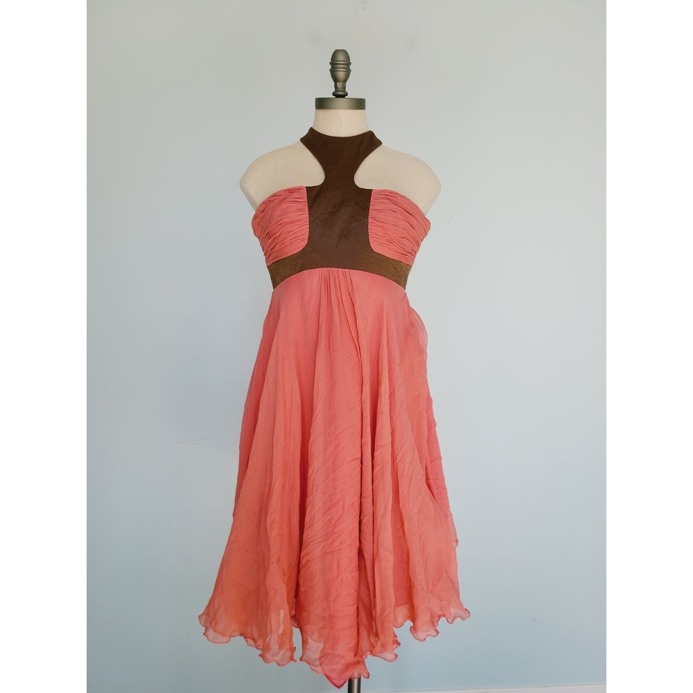 Y2K Mandalay Halter Mini Dress Pleated Silk Crepe Coral Pink Brown Paris Hilton